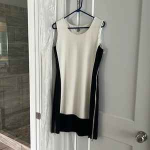 Cream and black color block dress by Calvin Klein